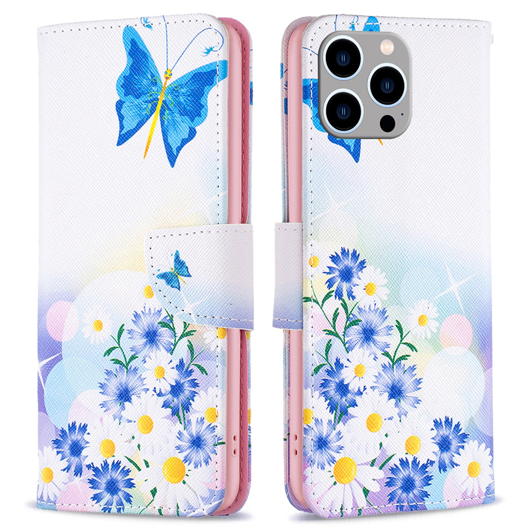 Wallet PU Leather Phone Case for iPhone 15 Pro Max , Pattern Printing Phone Stand Cover - Butterfly and Flowers