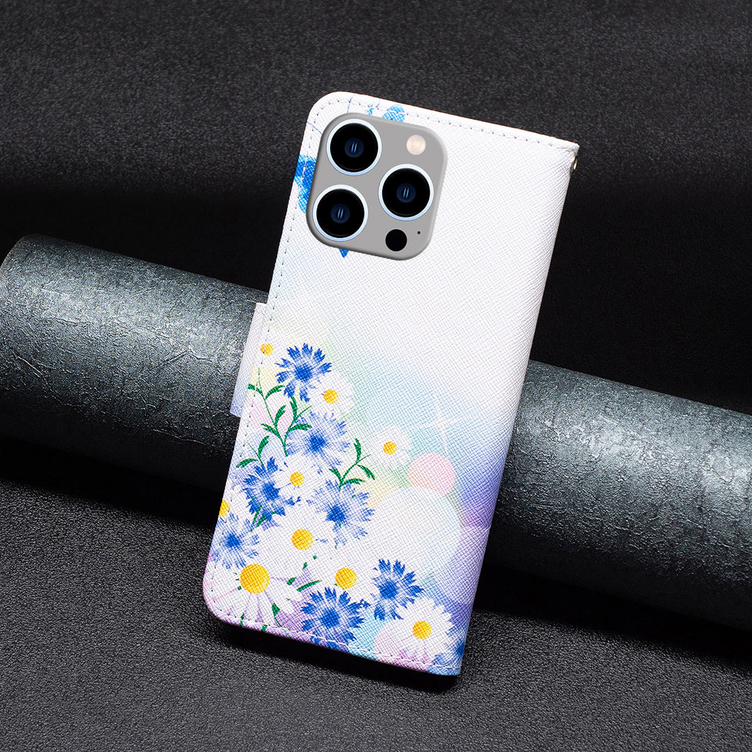 Wallet PU Leather Phone Case for iPhone 15 Pro Max , Pattern Printing Phone Stand Cover - Butterfly and Flowers