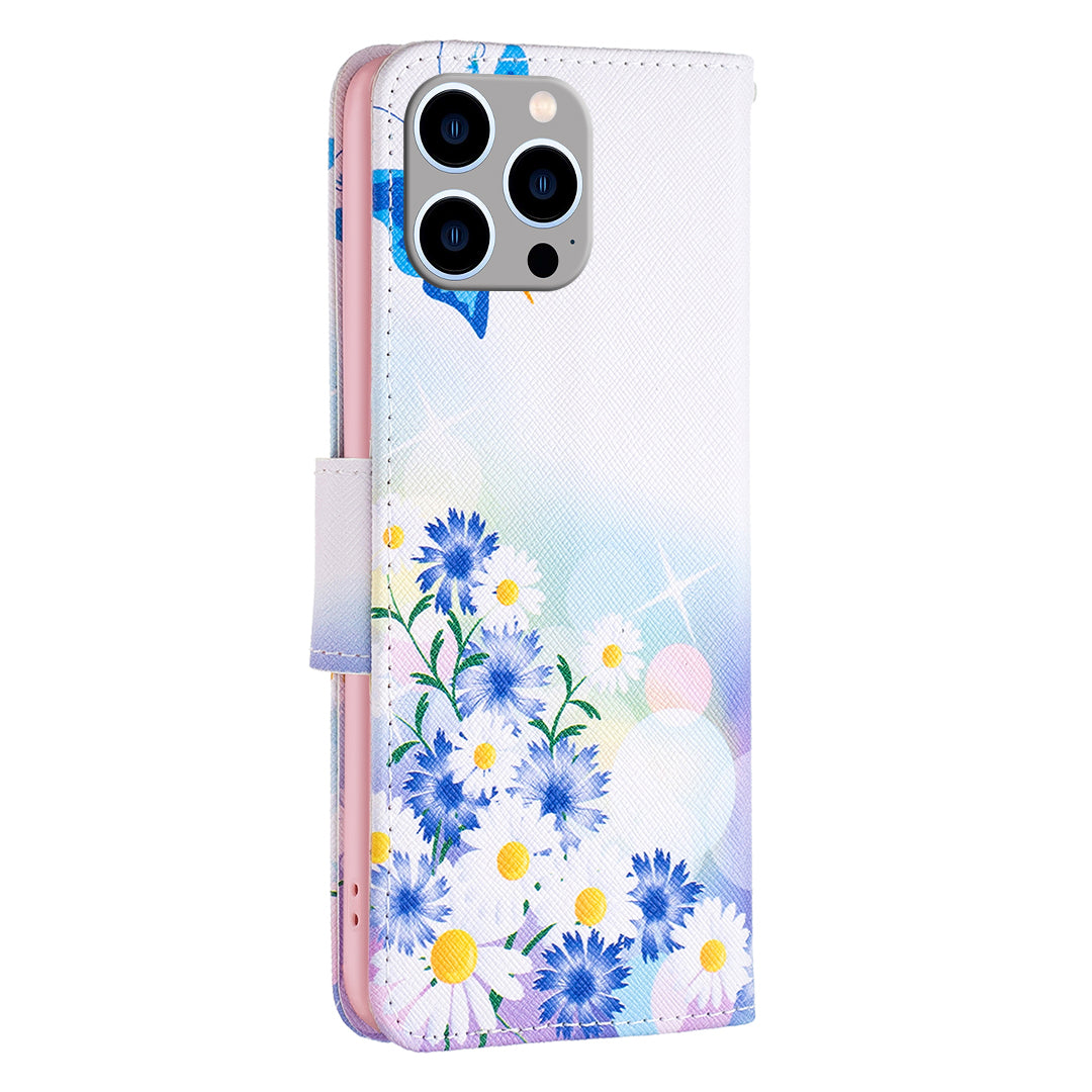 Wallet PU Leather Phone Case for iPhone 15 Pro Max , Pattern Printing Phone Stand Cover - Butterfly and Flowers