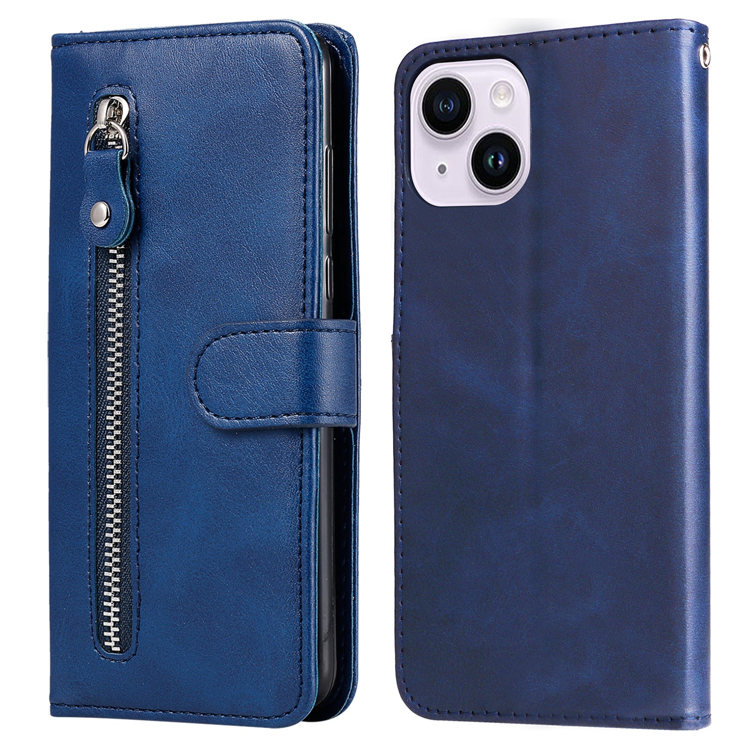 Wallet Foldable Stand Cover For iPhone 15 Plus Anti-Scratch Calf Texture Phone Case Zipper Pocket Phone Shell - Blue