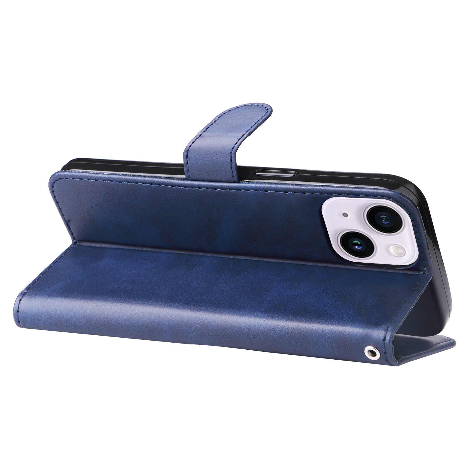 Wallet Foldable Stand Cover For iPhone 15 Plus Anti-Scratch Calf Texture Phone Case Zipper Pocket Phone Shell - Blue