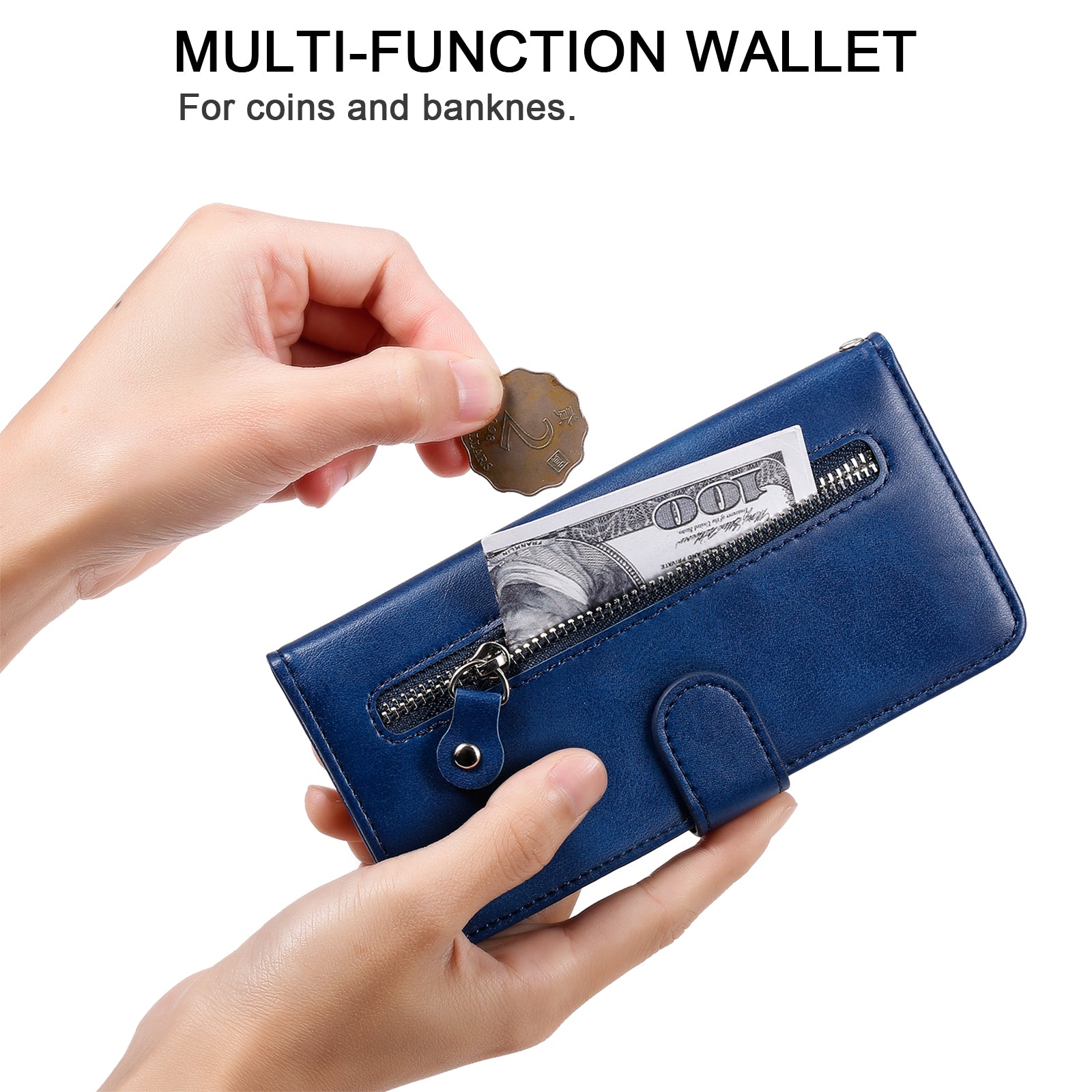 Wallet Foldable Stand Cover For iPhone 15 Plus Anti-Scratch Calf Texture Phone Case Zipper Pocket Phone Shell - Blue