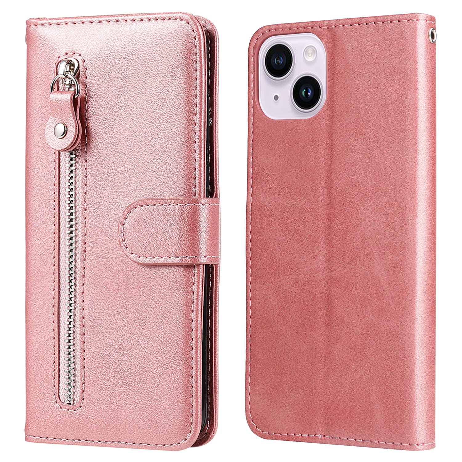 Wallet Foldable Stand Cover For iPhone 15 Plus Anti-Scratch Calf Texture Phone Case Zipper Pocket Phone Shell - Pink