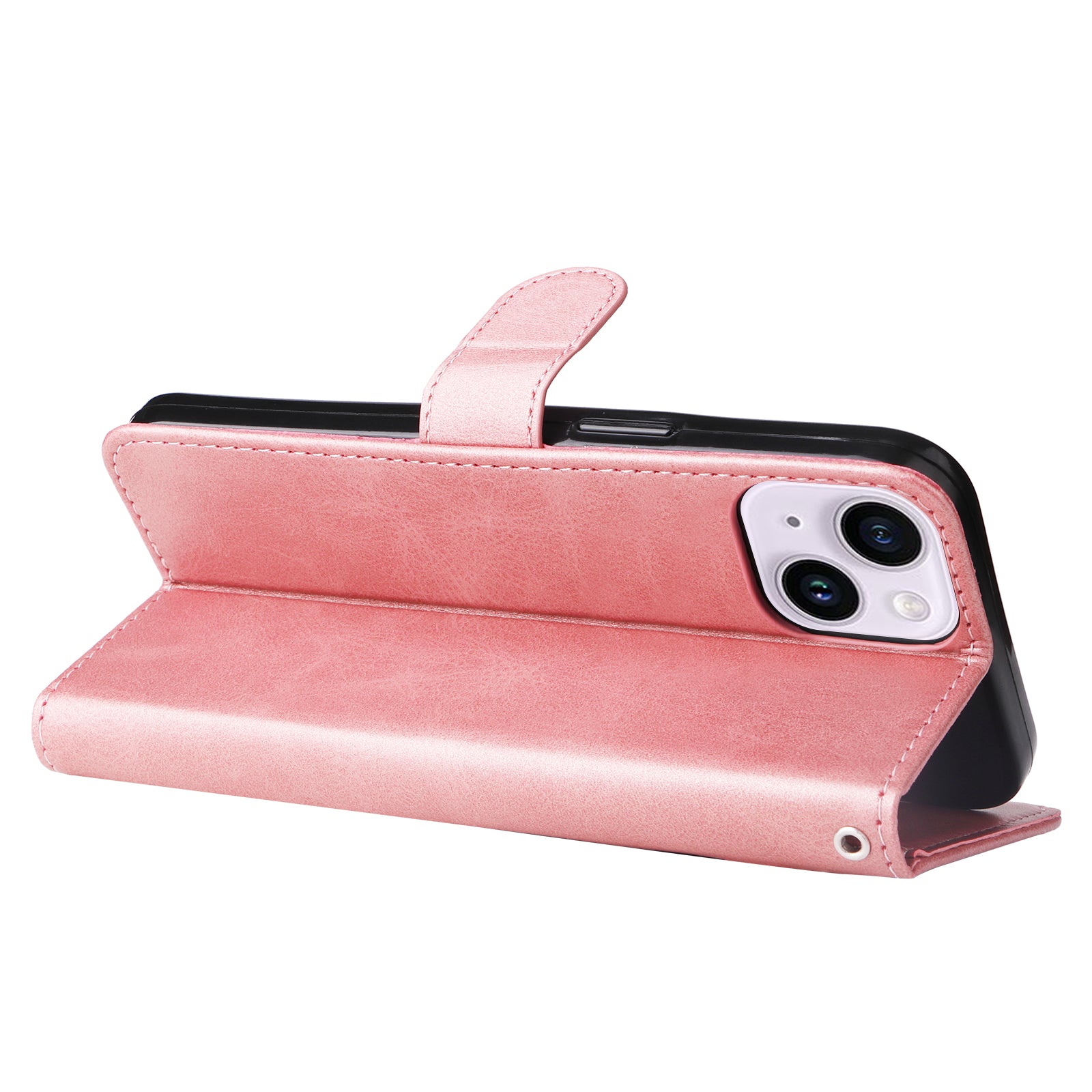 Wallet Foldable Stand Cover For iPhone 15 Plus Anti-Scratch Calf Texture Phone Case Zipper Pocket Phone Shell - Pink