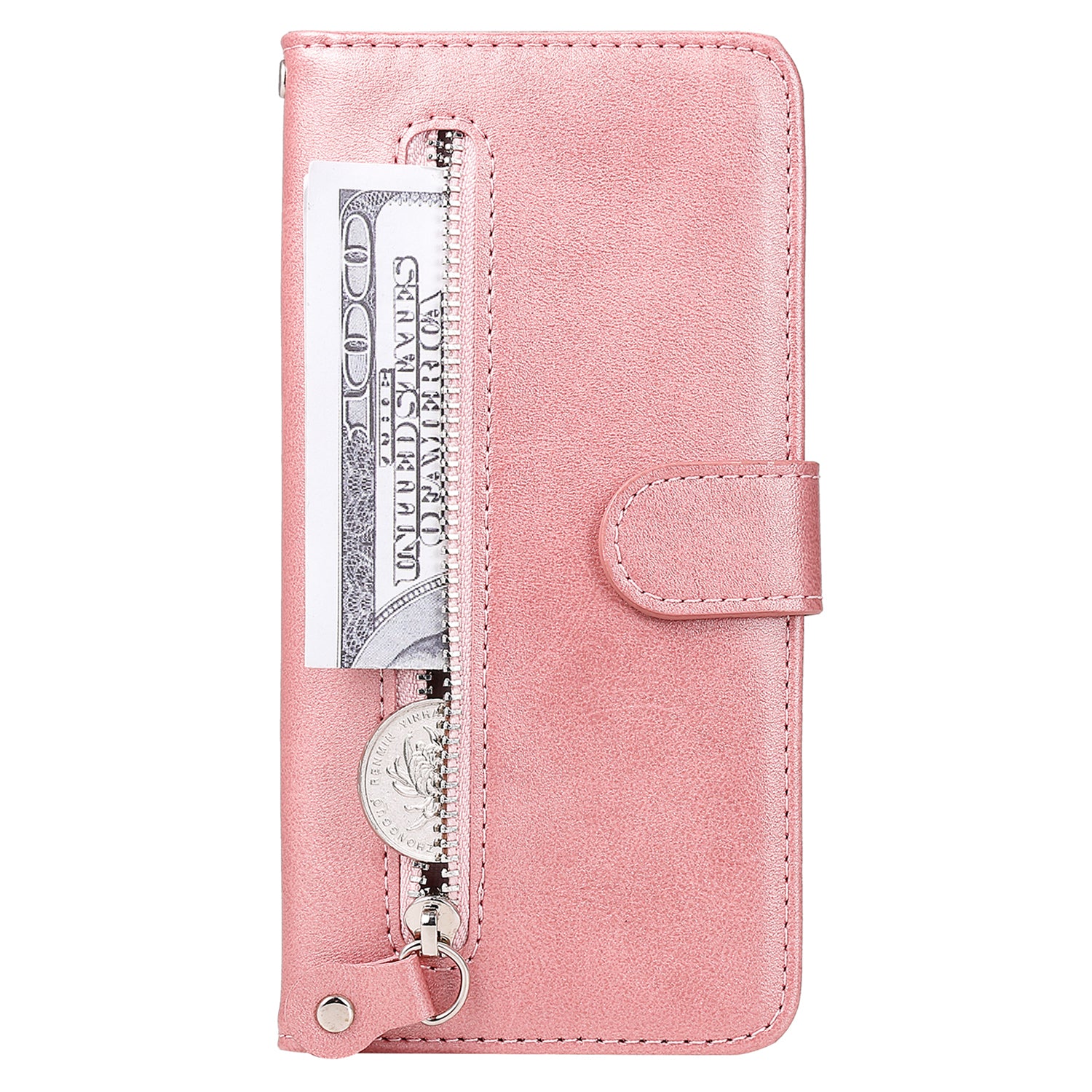 Wallet Foldable Stand Cover For iPhone 15 Plus Anti-Scratch Calf Texture Phone Case Zipper Pocket Phone Shell - Pink