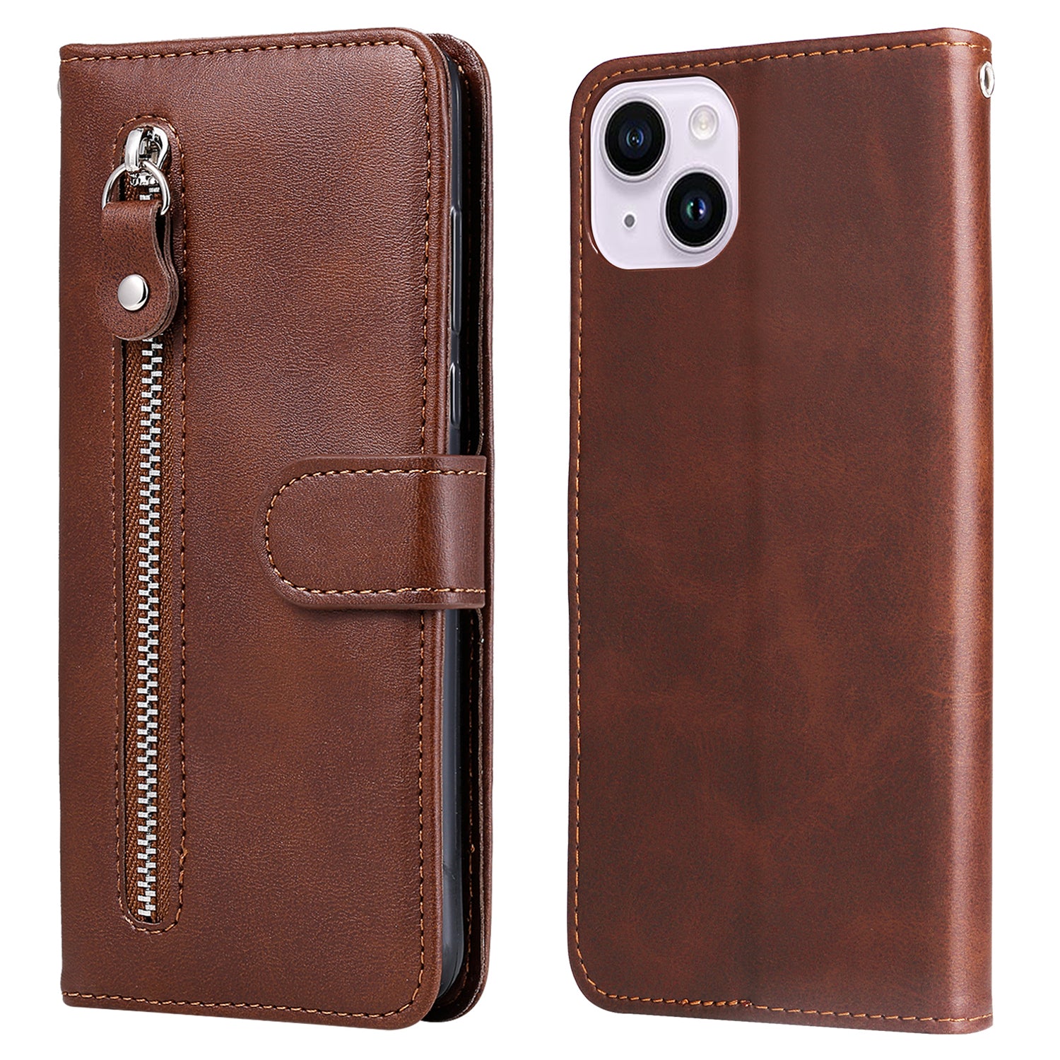 Wallet Foldable Stand Cover For iPhone 15 Plus Anti-Scratch Calf Texture Phone Case Zipper Pocket Phone Shell - Brown