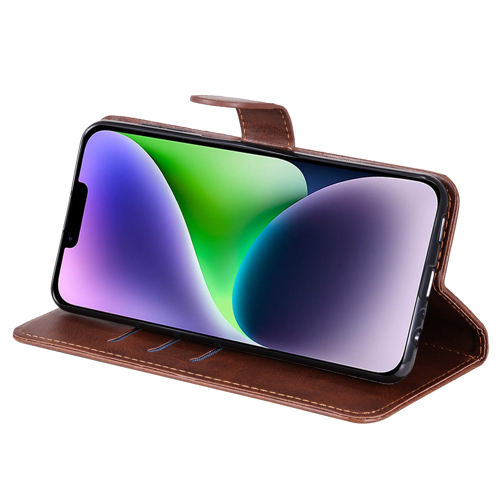 Wallet Foldable Stand Cover For iPhone 15 Plus Anti-Scratch Calf Texture Phone Case Zipper Pocket Phone Shell - Brown