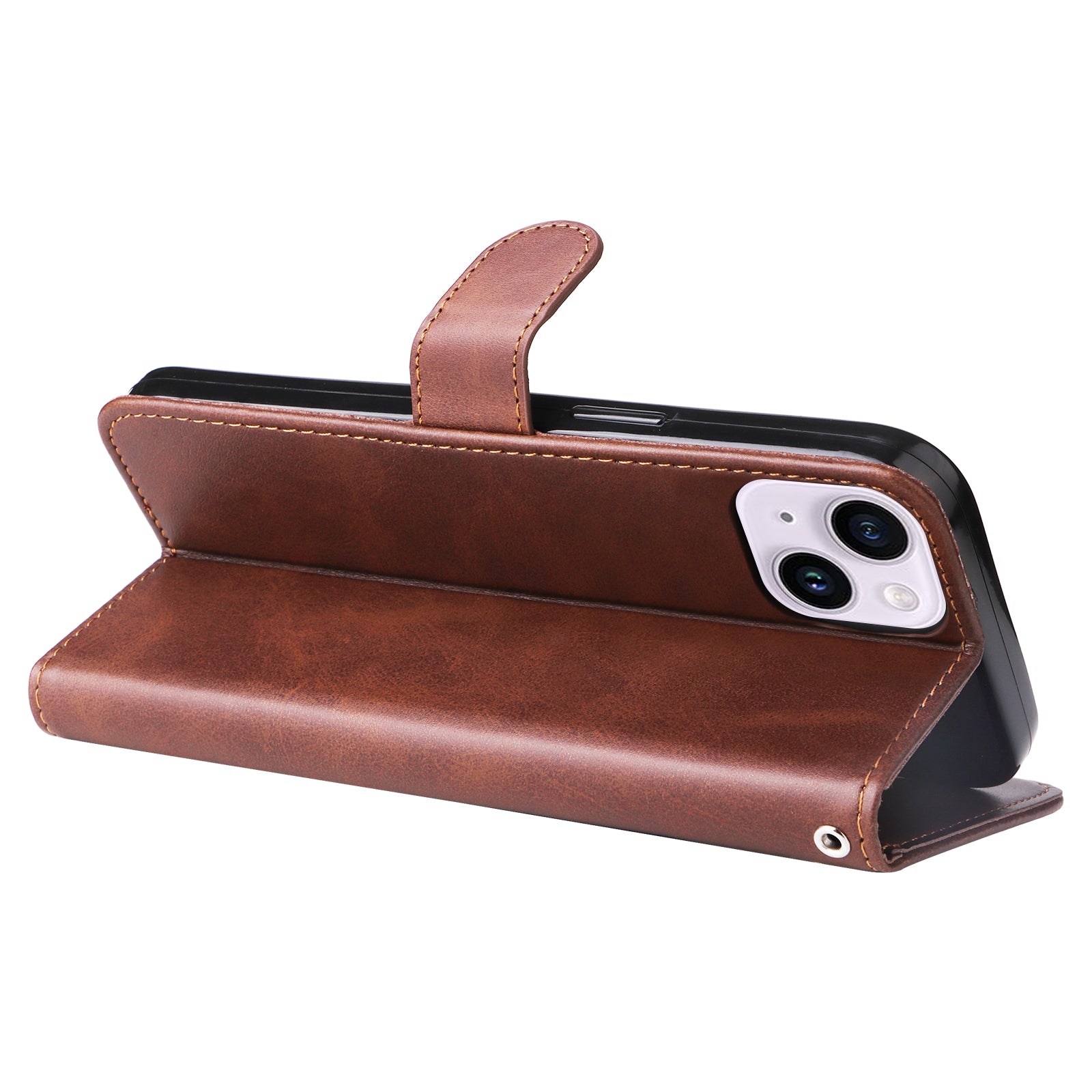 Wallet Foldable Stand Cover For iPhone 15 Plus Anti-Scratch Calf Texture Phone Case Zipper Pocket Phone Shell - Brown