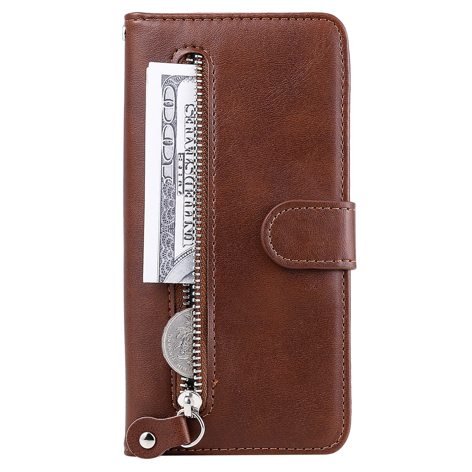 Wallet Foldable Stand Cover For iPhone 15 Plus Anti-Scratch Calf Texture Phone Case Zipper Pocket Phone Shell - Brown