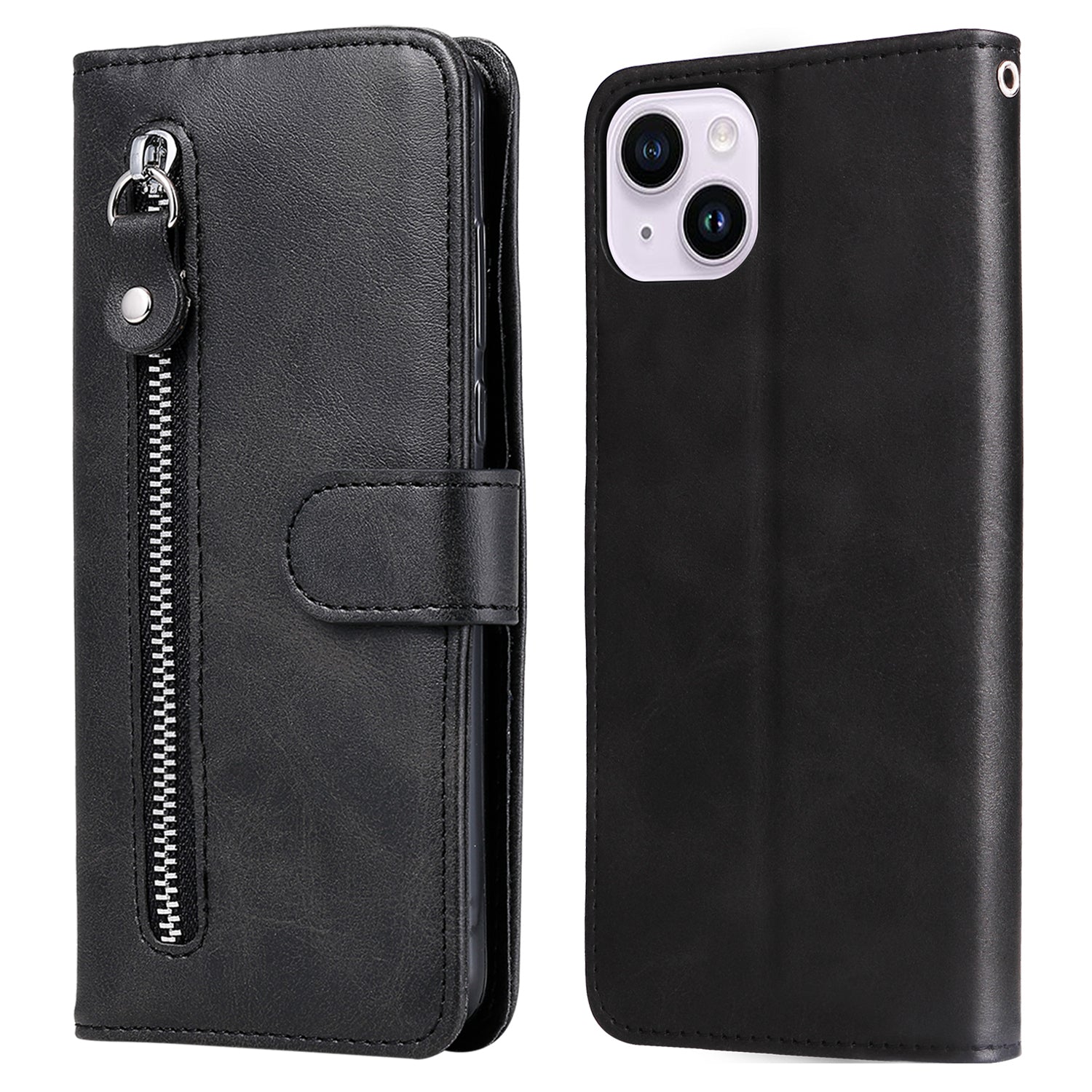 Wallet Foldable Stand Cover For iPhone 15 Plus Anti-Scratch Calf Texture Phone Case Zipper Pocket Phone Shell - Black