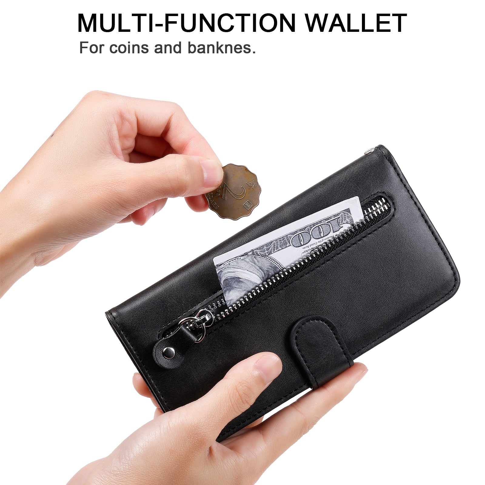 Wallet Foldable Stand Cover For iPhone 15 Plus Anti-Scratch Calf Texture Phone Case Zipper Pocket Phone Shell - Black