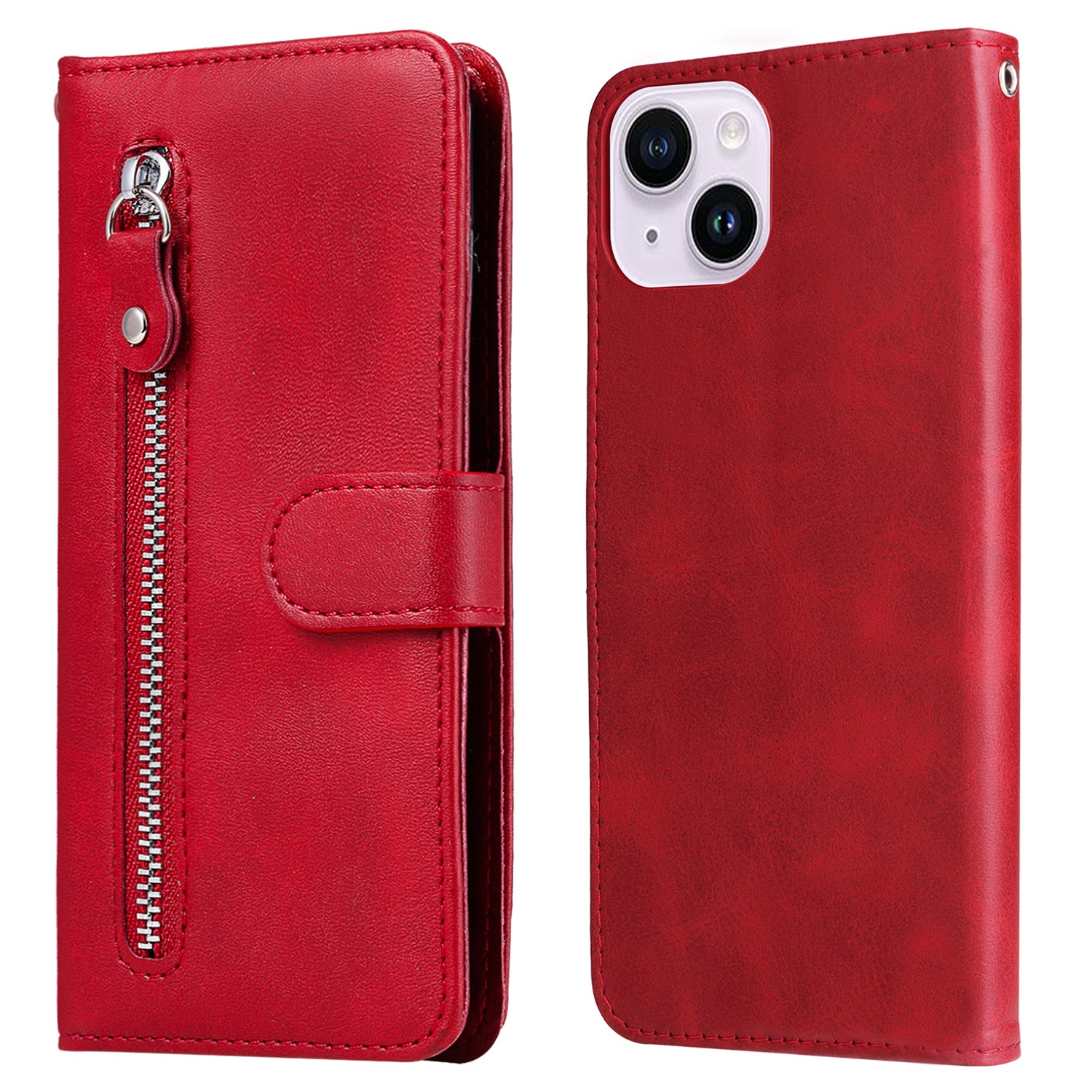 Wallet Foldable Stand Cover For iPhone 15 Plus Anti-Scratch Calf Texture Phone Case Zipper Pocket Phone Shell - Red