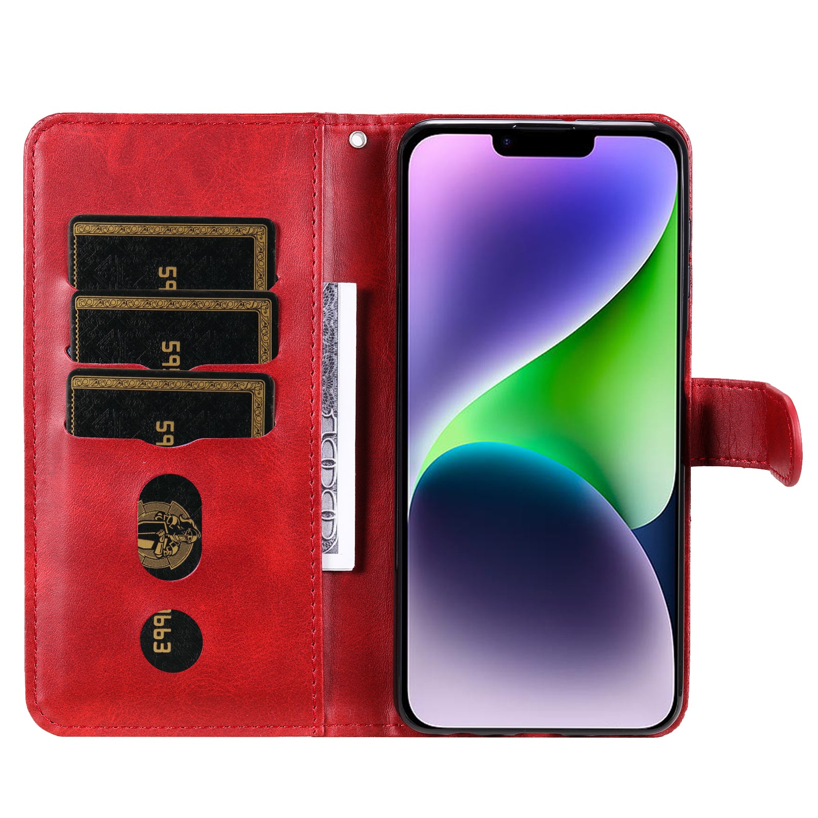 Wallet Foldable Stand Cover For iPhone 15 Plus Anti-Scratch Calf Texture Phone Case Zipper Pocket Phone Shell - Red