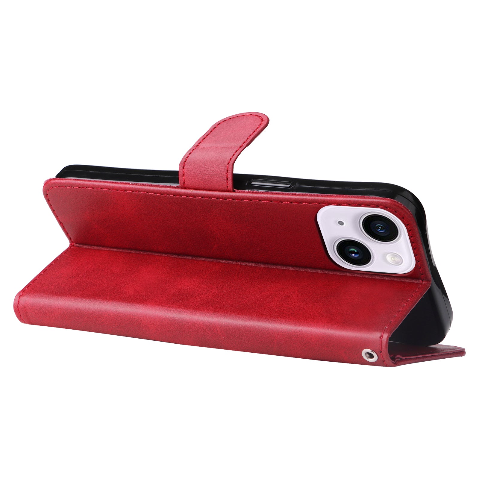 Wallet Foldable Stand Cover For iPhone 15 Plus Anti-Scratch Calf Texture Phone Case Zipper Pocket Phone Shell - Red