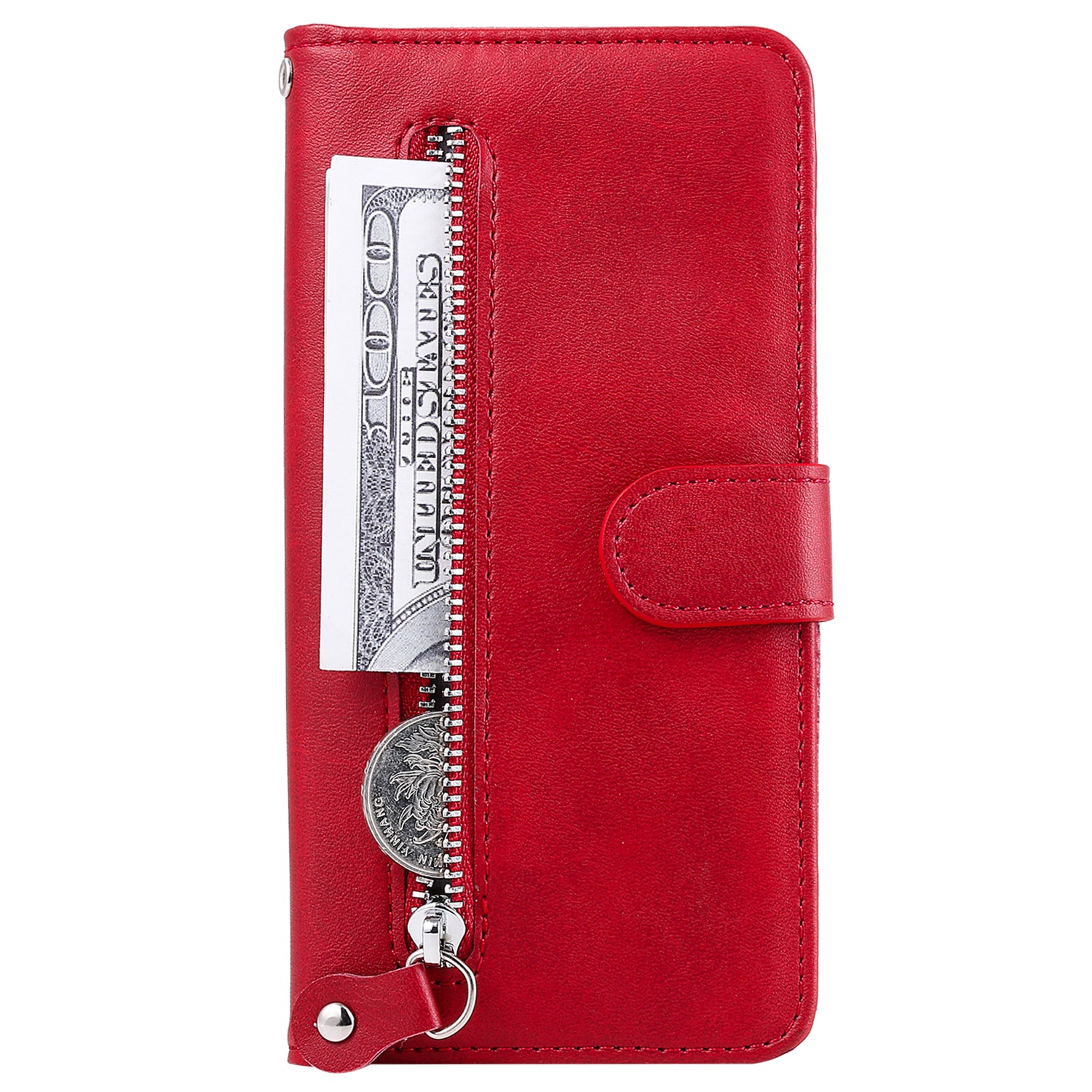 Wallet Foldable Stand Cover For iPhone 15 Plus Anti-Scratch Calf Texture Phone Case Zipper Pocket Phone Shell - Red