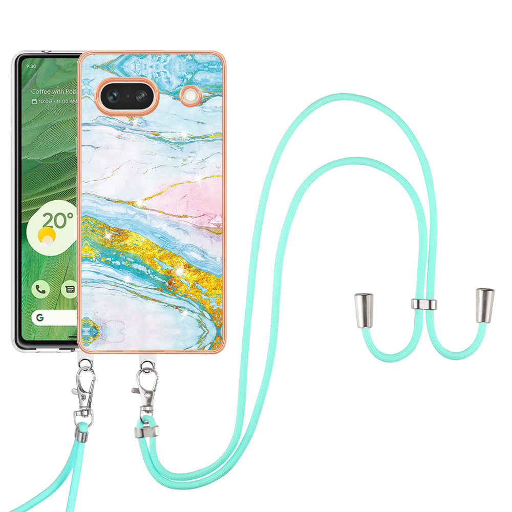 YB IMD Series-9 For Google Pixel 7a Marble Pattern IMD Phone Case Electroplated TPU Cover with Lanyard - Green 004