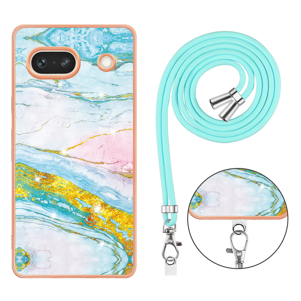 YB IMD Series-9 For Google Pixel 7a Marble Pattern IMD Phone Case Electroplated TPU Cover with Lanyard - Green 004