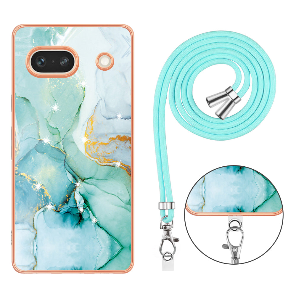 YB IMD Series-9 For Google Pixel 7a Marble Pattern IMD Phone Case Electroplated TPU Cover with Lanyard - Green 003