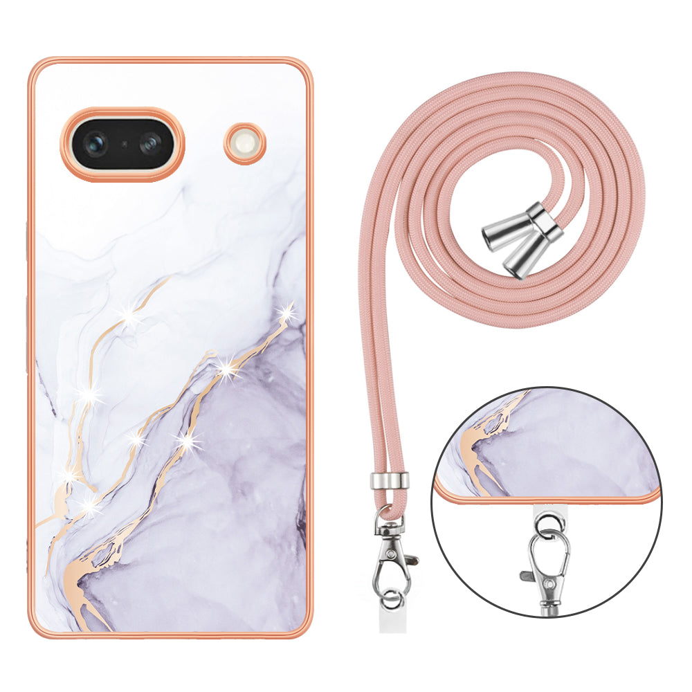 YB IMD Series-9 For Google Pixel 7a Marble Pattern IMD Phone Case Electroplated TPU Cover with Lanyard - White 006