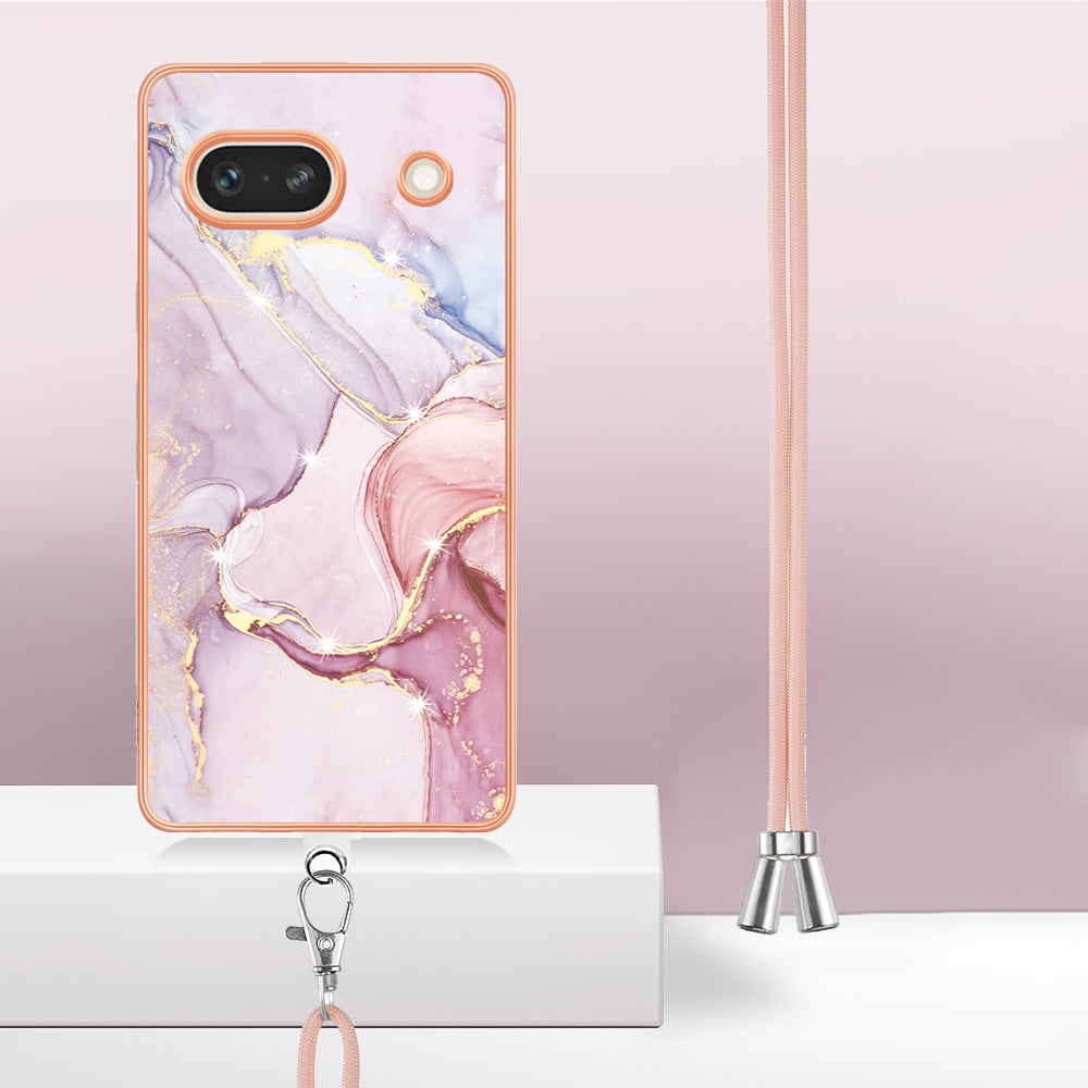 YB IMD Series-9 For Google Pixel 7a Marble Pattern IMD Phone Case Electroplated TPU Cover with Lanyard - Rose Gold 005