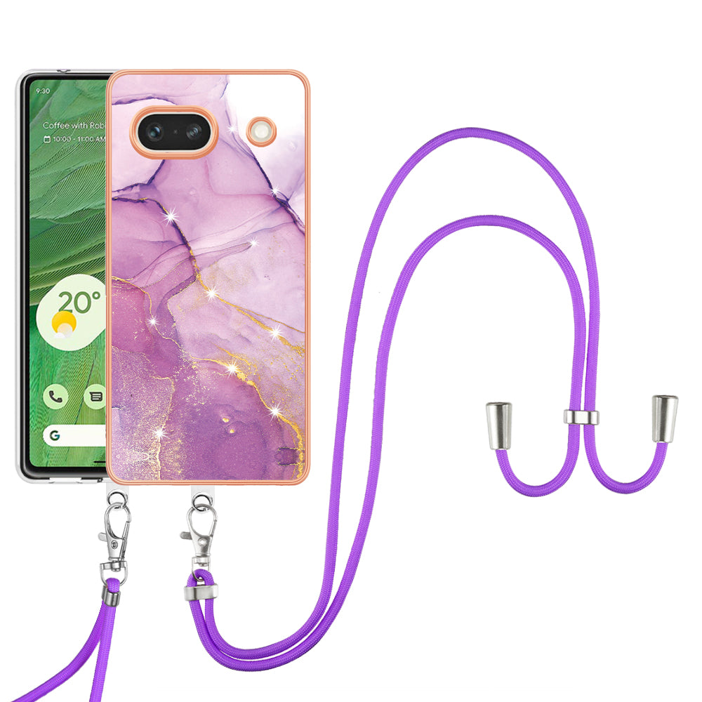 YB IMD Series-9 For Google Pixel 7a Marble Pattern IMD Phone Case Electroplated TPU Cover with Lanyard - Purple 001