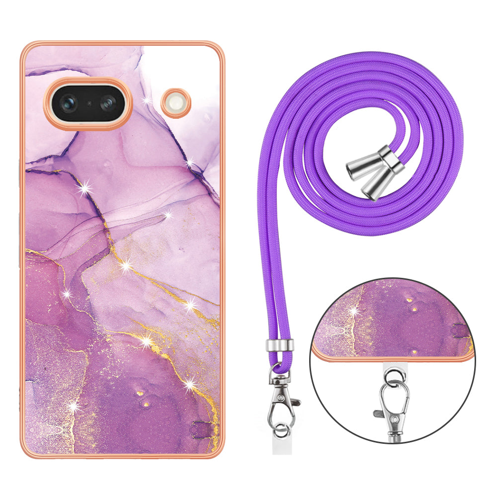 YB IMD Series-9 For Google Pixel 7a Marble Pattern IMD Phone Case Electroplated TPU Cover with Lanyard - Purple 001