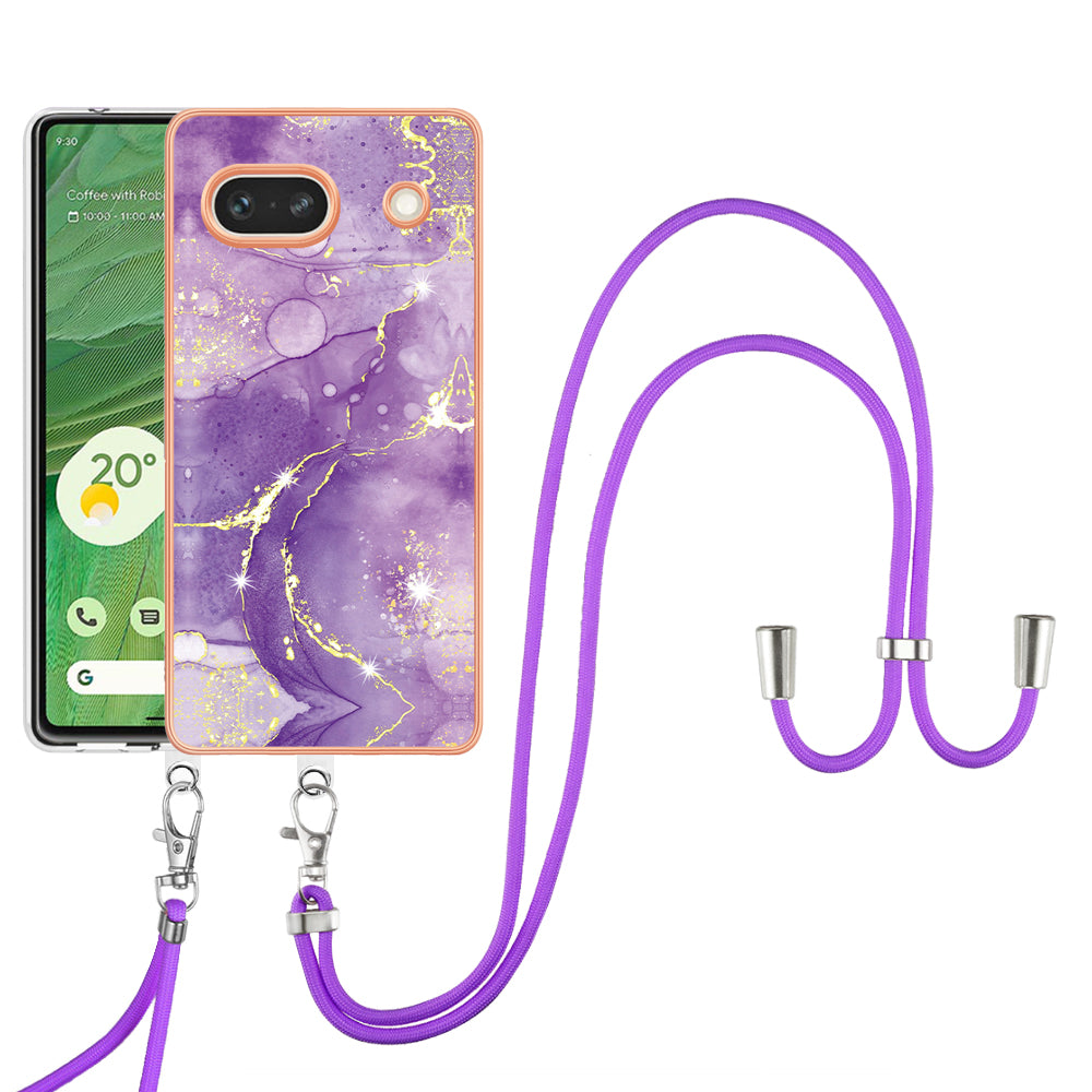 YB IMD Series-9 For Google Pixel 7a Marble Pattern IMD Phone Case Electroplated TPU Cover with Lanyard - Purple 002