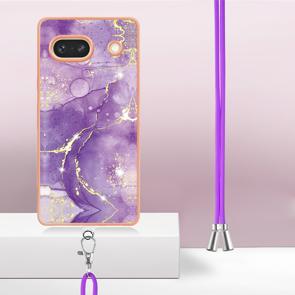 YB IMD Series-9 For Google Pixel 7a Marble Pattern IMD Phone Case Electroplated TPU Cover with Lanyard - Purple 002
