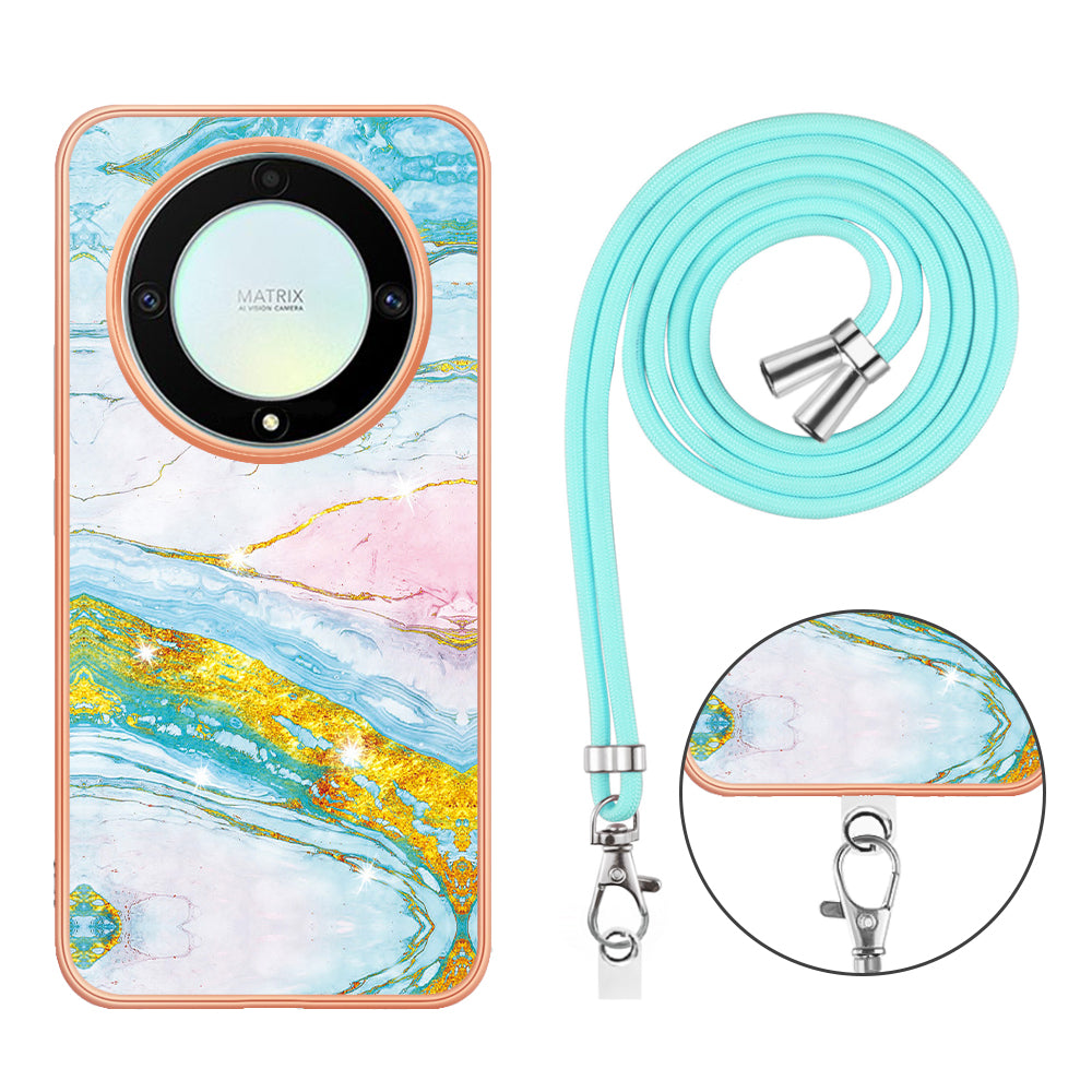 YB IMD Series-9 For Honor X40 5G / X9a 5G / Magic5 Lite 5G IMD Marble Pattern Phone Case Electroplating TPU Cover with Lanyard - Green 004