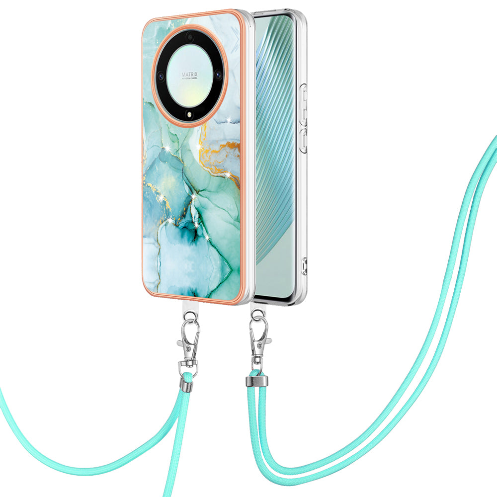 YB IMD Series-9 For Honor X40 5G / X9a 5G / Magic5 Lite 5G IMD Marble Pattern Phone Case Electroplating TPU Cover with Lanyard - Green 003