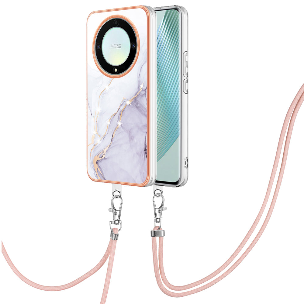 YB IMD Series-9 For Honor X40 5G / X9a 5G / Magic5 Lite 5G IMD Marble Pattern Phone Case Electroplating TPU Cover with Lanyard - White 006