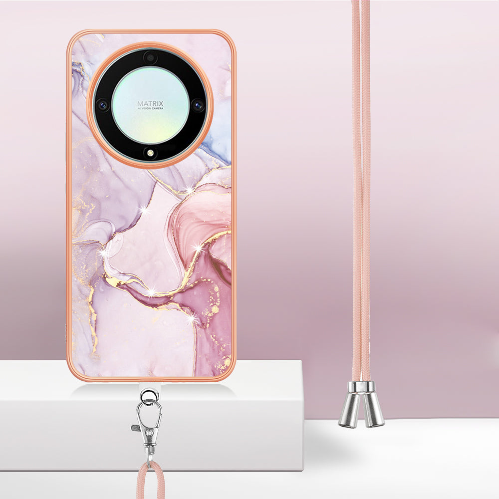 YB IMD Series-9 For Honor X40 5G / X9a 5G / Magic5 Lite 5G IMD Marble Pattern Phone Case Electroplating TPU Cover with Lanyard - Rose Gold 005