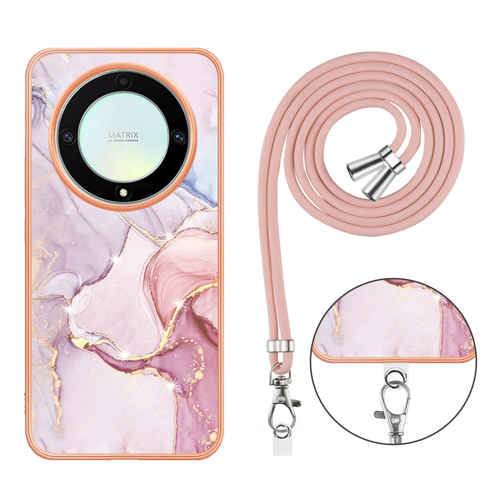 YB IMD Series-9 For Honor X40 5G / X9a 5G / Magic5 Lite 5G IMD Marble Pattern Phone Case Electroplating TPU Cover with Lanyard - Rose Gold 005