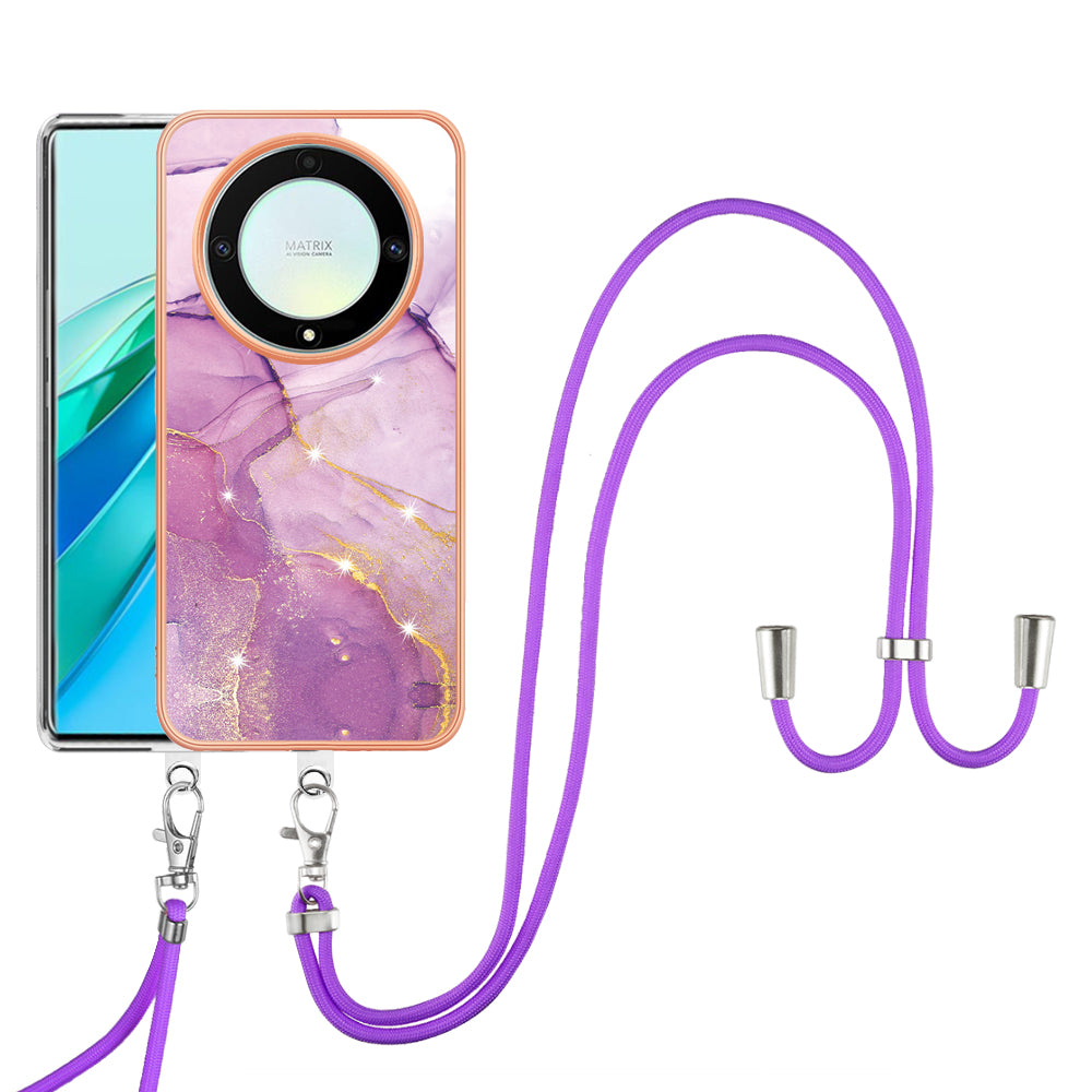 YB IMD Series-9 For Honor X40 5G / X9a 5G / Magic5 Lite 5G IMD Marble Pattern Phone Case Electroplating TPU Cover with Lanyard - Purple 001