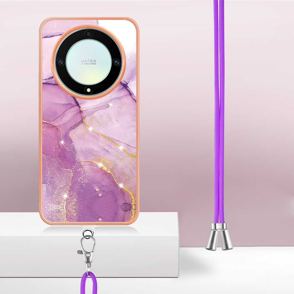 YB IMD Series-9 For Honor X40 5G / X9a 5G / Magic5 Lite 5G IMD Marble Pattern Phone Case Electroplating TPU Cover with Lanyard - Purple 001