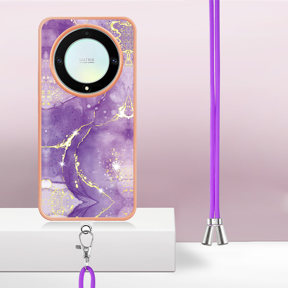 YB IMD Series-9 For Honor X40 5G / X9a 5G / Magic5 Lite 5G IMD Marble Pattern Phone Case Electroplating TPU Cover with Lanyard - Purple 002