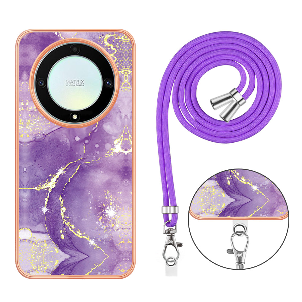 YB IMD Series-9 For Honor X40 5G / X9a 5G / Magic5 Lite 5G IMD Marble Pattern Phone Case Electroplating TPU Cover with Lanyard - Purple 002