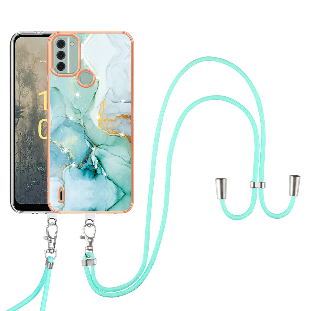 YB IMD Series-9 For Nokia C31 4G Marble Pattern Phone Case Electroplating IMD TPU Back Cover with Lanyard - Green 003