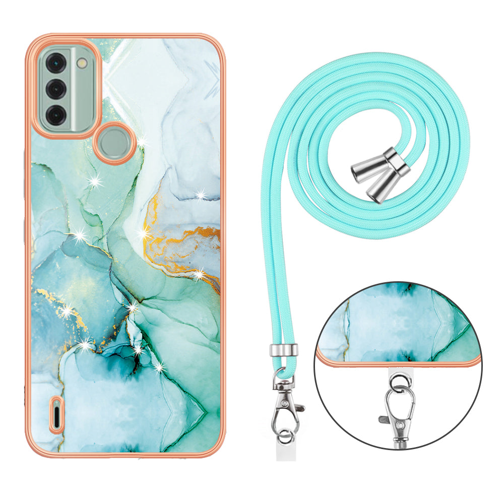 YB IMD Series-9 For Nokia C31 4G Marble Pattern Phone Case Electroplating IMD TPU Back Cover with Lanyard - Green 003