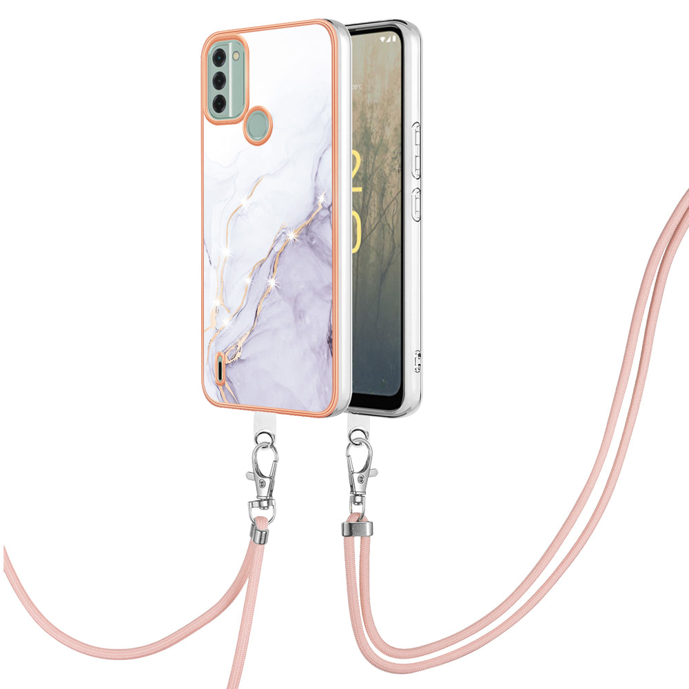 YB IMD Series-9 For Nokia C31 4G Marble Pattern Phone Case Electroplating IMD TPU Back Cover with Lanyard - White 006