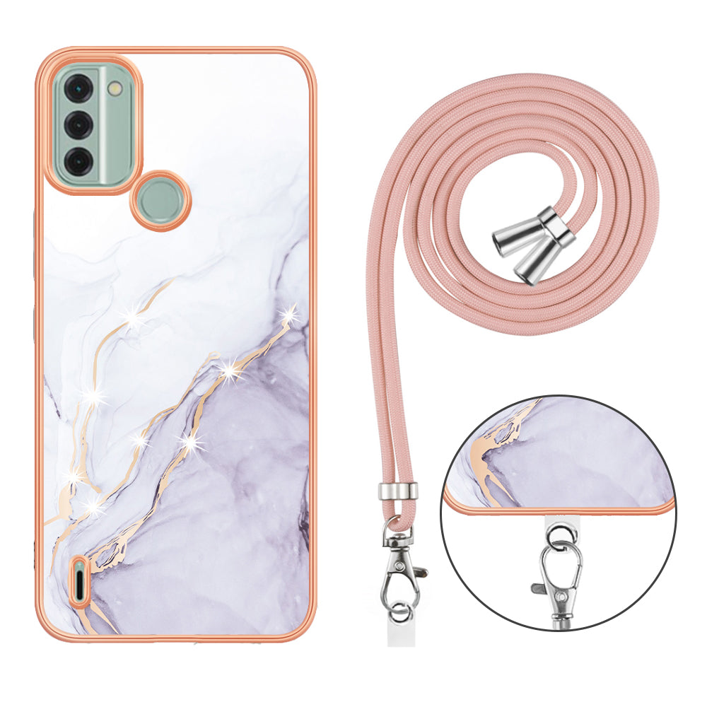 YB IMD Series-9 For Nokia C31 4G Marble Pattern Phone Case Electroplating IMD TPU Back Cover with Lanyard - White 006