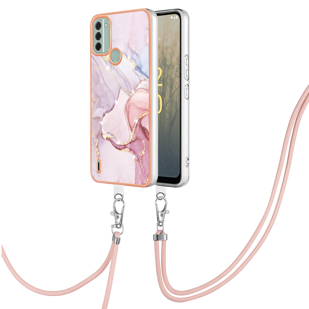 YB IMD Series-9 For Nokia C31 4G Marble Pattern Phone Case Electroplating IMD TPU Back Cover with Lanyard - Rose Gold 005