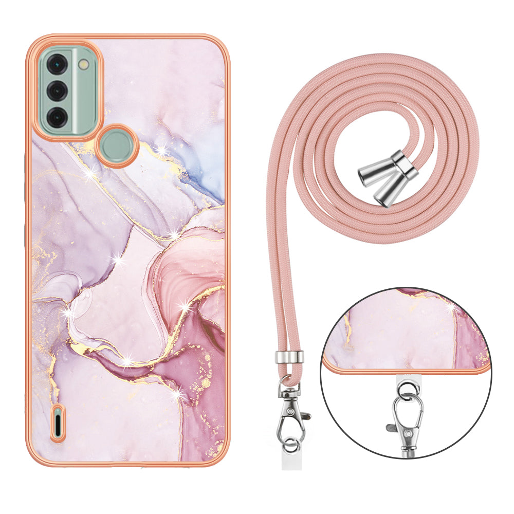 YB IMD Series-9 For Nokia C31 4G Marble Pattern Phone Case Electroplating IMD TPU Back Cover with Lanyard - Rose Gold 005
