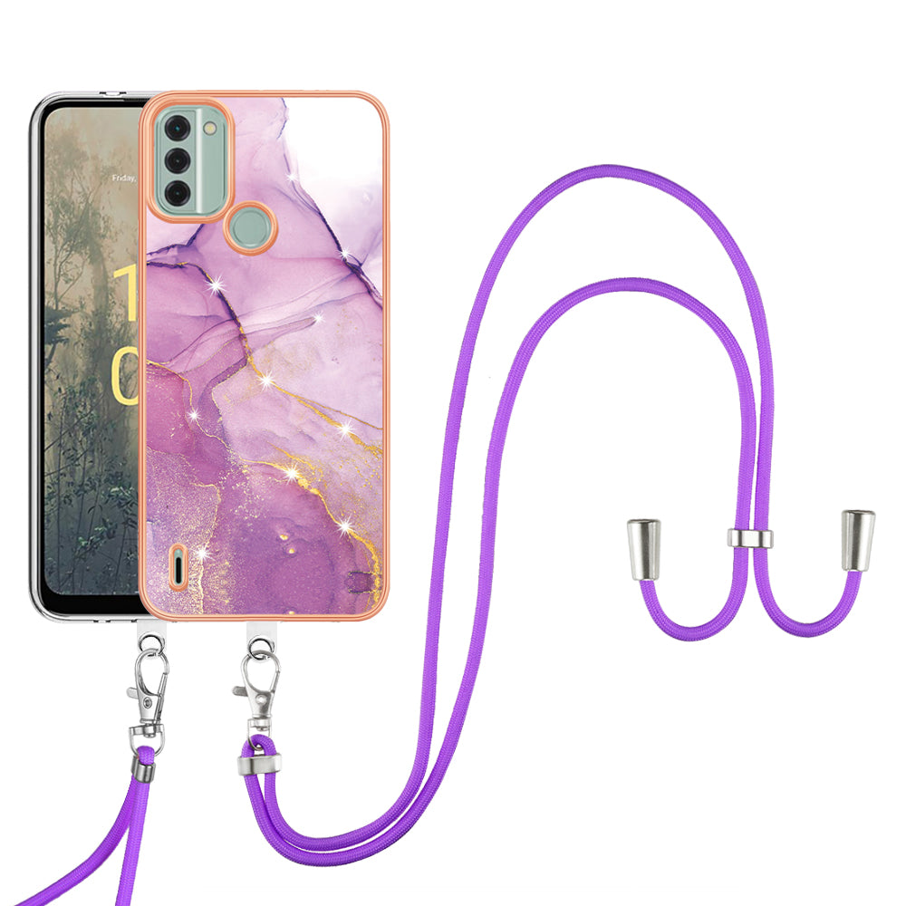 YB IMD Series-9 For Nokia C31 4G Marble Pattern Phone Case Electroplating IMD TPU Back Cover with Lanyard - Purple 001