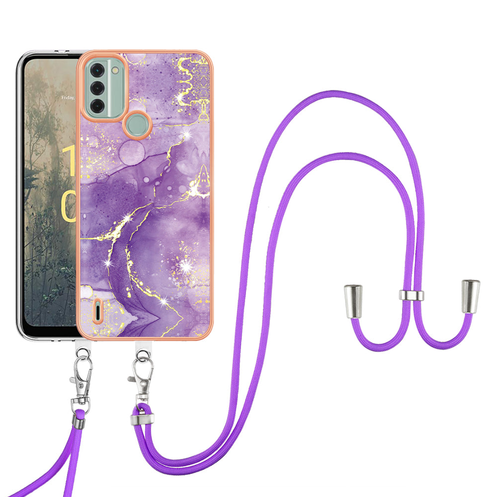 YB IMD Series-9 For Nokia C31 4G Marble Pattern Phone Case Electroplating IMD TPU Back Cover with Lanyard - Purple 002