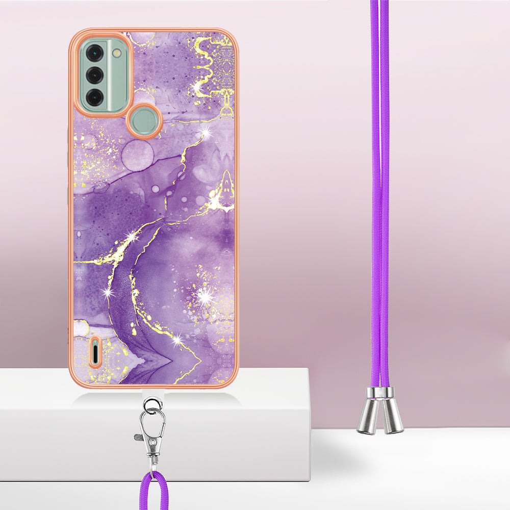 YB IMD Series-9 For Nokia C31 4G Marble Pattern Phone Case Electroplating IMD TPU Back Cover with Lanyard - Purple 002