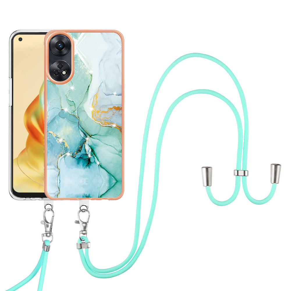 YB IMD Series-9  Electroplated TPU Cover for Oppo Reno8 T 4G Marble Pattern IMD Phone Case with Lanyard - Green 003