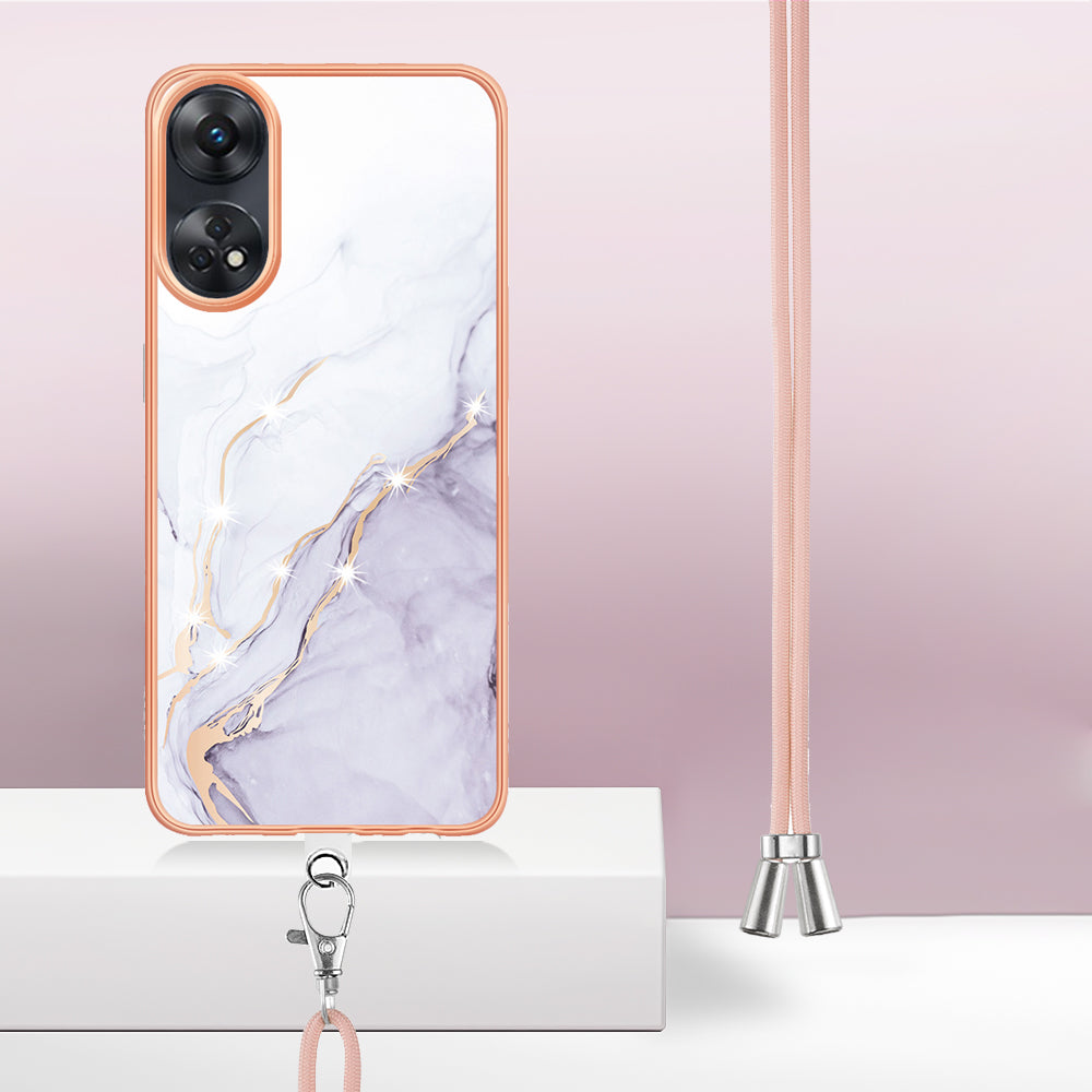 YB IMD Series-9  Electroplated TPU Cover for Oppo Reno8 T 4G Marble Pattern IMD Phone Case with Lanyard - White 006