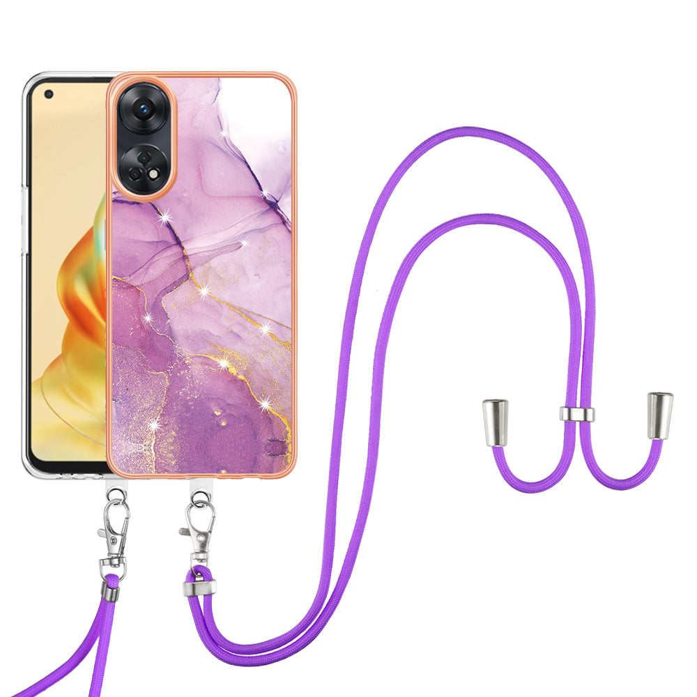 YB IMD Series-9  Electroplated TPU Cover for Oppo Reno8 T 4G Marble Pattern IMD Phone Case with Lanyard - Purple 001