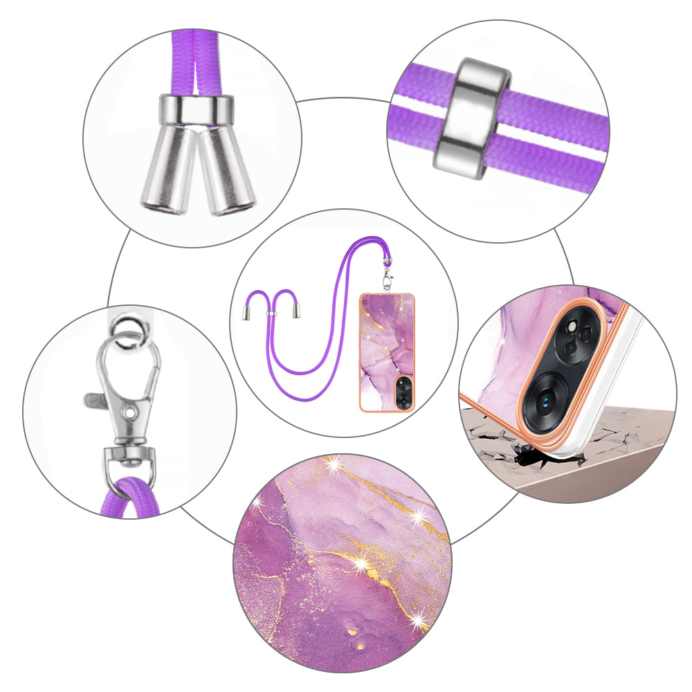 YB IMD Series-9  Electroplated TPU Cover for Oppo Reno8 T 4G Marble Pattern IMD Phone Case with Lanyard - Purple 001